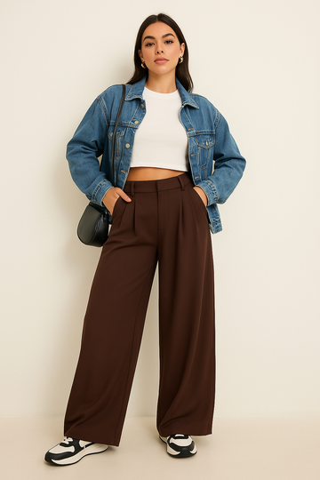 Marisse | Hoge Taille Plooibroek in Donkerbruin met Wijde Pijp