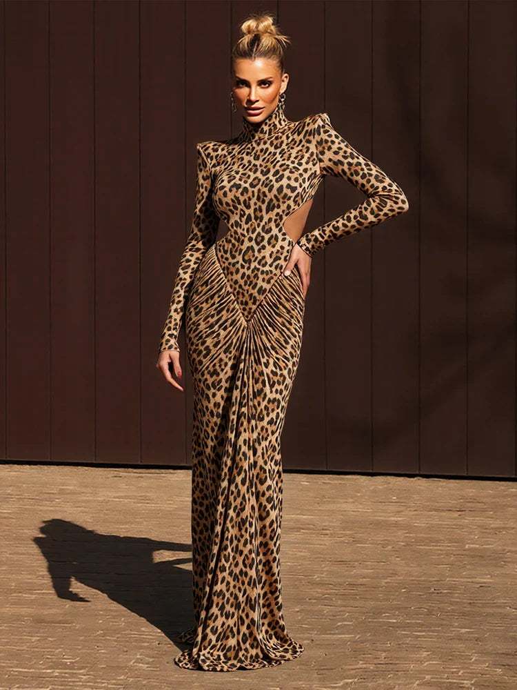 Leondra Leopard Maxi Jurk | Open Rug & Cut-Out Avondjurk